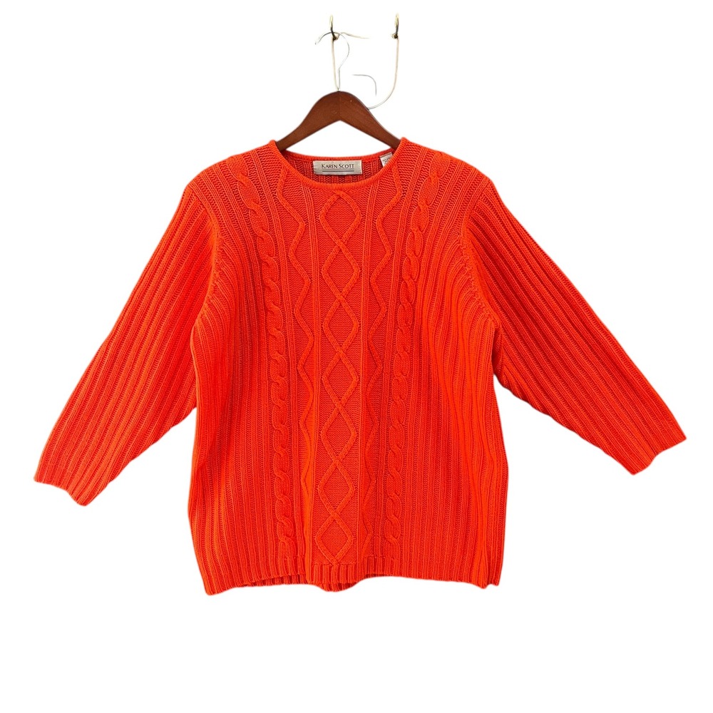 Vintage Karen Scott Cable‎ Knit Chunky Sweater Womens Orange Long Sleeve Size L